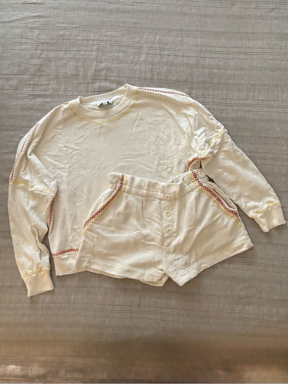 Something Navy Cream Two-Piece Sweatshirt & Short Set with Red and Yellow Trim